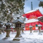 red and white temple surrounded by trees covered with snow