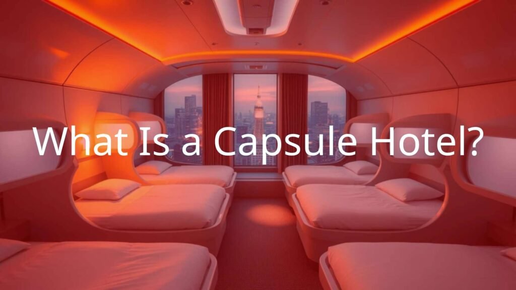 A futuristic capsule hotel interior with small individual sleeping pods arranged in rows, modern minimalist design, warm ambient lighting, Tokyo cityscape visible through a window, peaceful and efficient atmosphere.