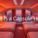 A futuristic capsule hotel interior with small individual sleeping pods arranged in rows, modern minimalist design, warm ambient lighting, Tokyo cityscape visible through a window, peaceful and efficient atmosphere.